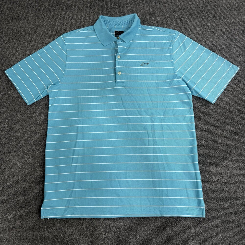 Greg Norman Mens Medium Golf Polo Aqua Blue White Stripe Play Dry Performance